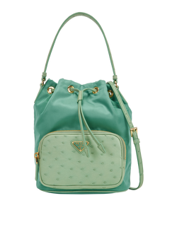 Duet Bucket Bag, Nylon/Ostrich, Green, 31, S/DB, 3*